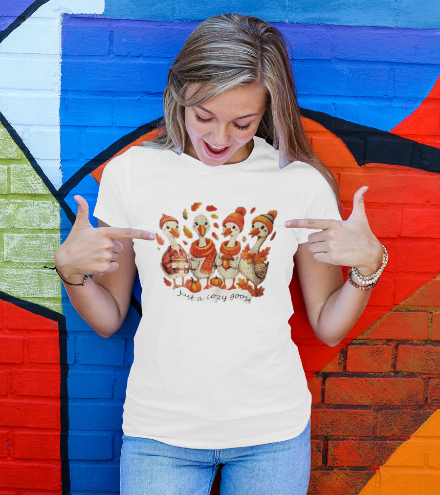 Cozy Goose Autumn Theme Four Cartoon Birds Leaves Pumpkins T-Shirt