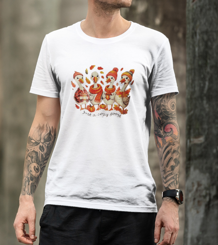 Cozy Goose Autumn Theme Four Cartoon Birds Leaves Pumpkins T-Shirt