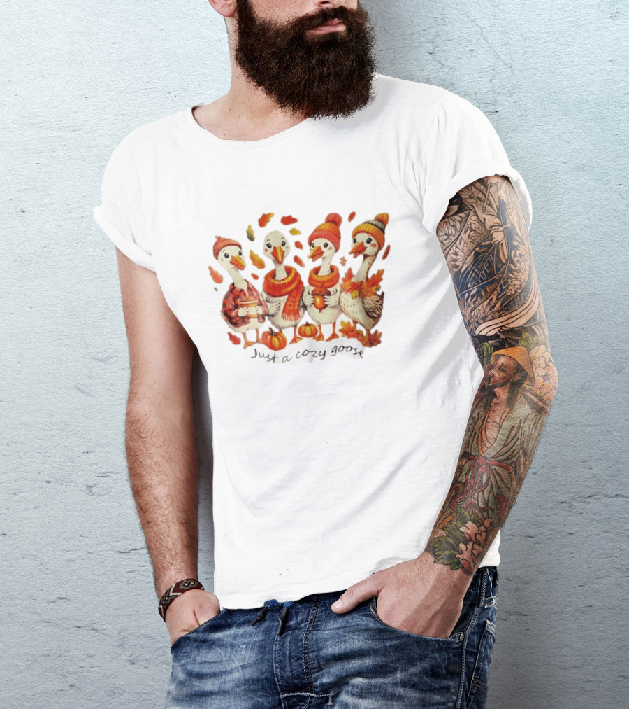 Cozy Goose Autumn Theme Four Cartoon Birds Leaves Pumpkins T-Shirt