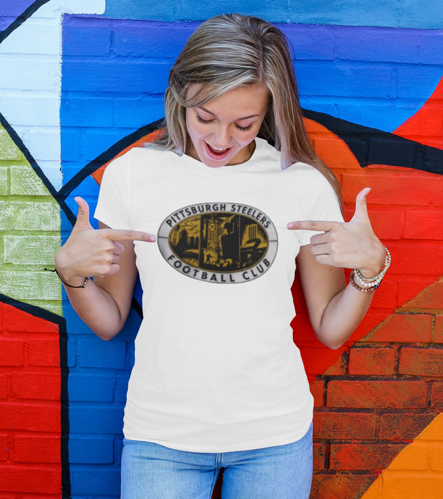 Pittsburgh Steelers Football Club Distressed Oval Emblem Cityscape T-Shirt