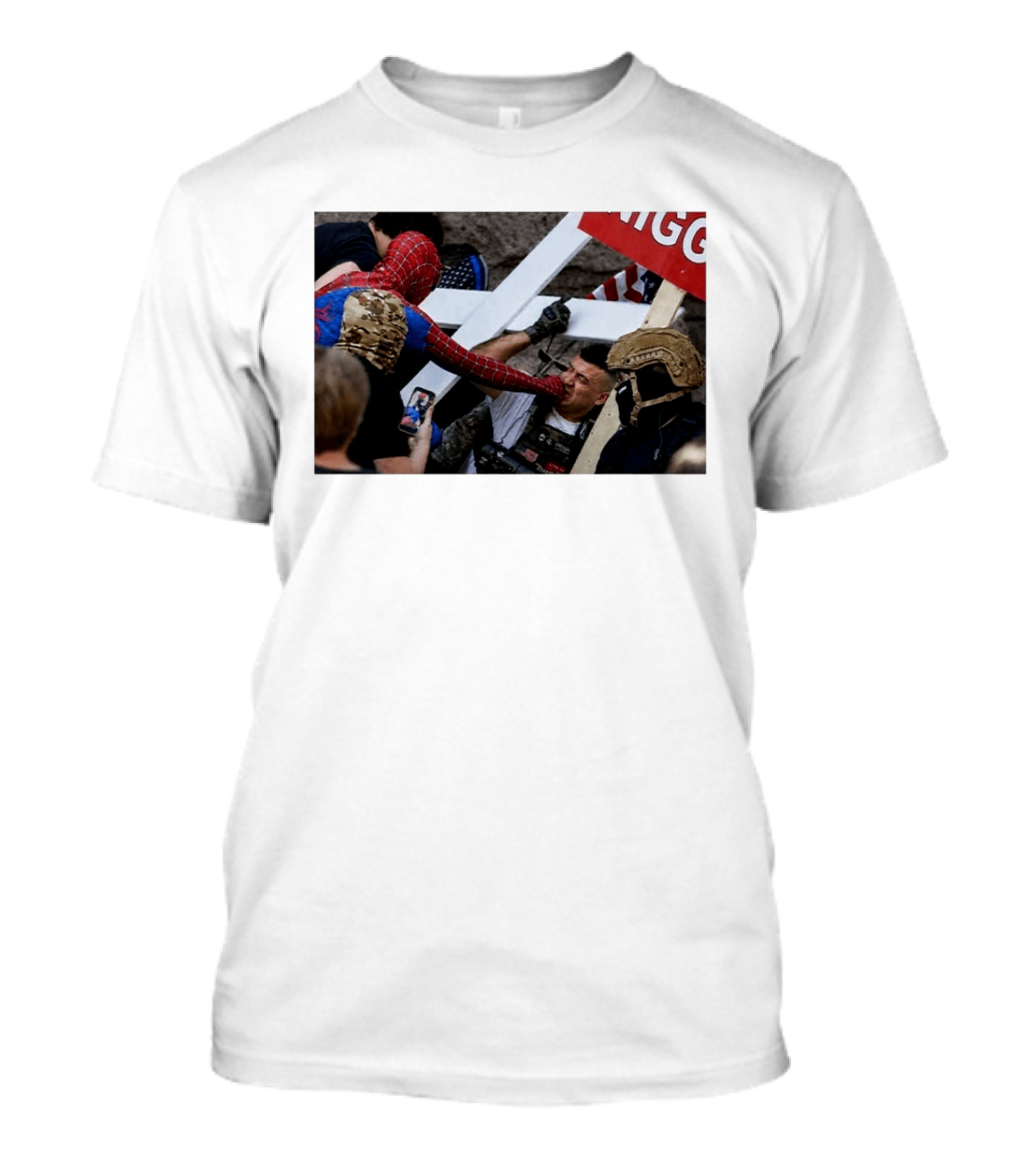 Spiderman Punch A Nazi Protest Scene With Cross And American Flag T-Shirt