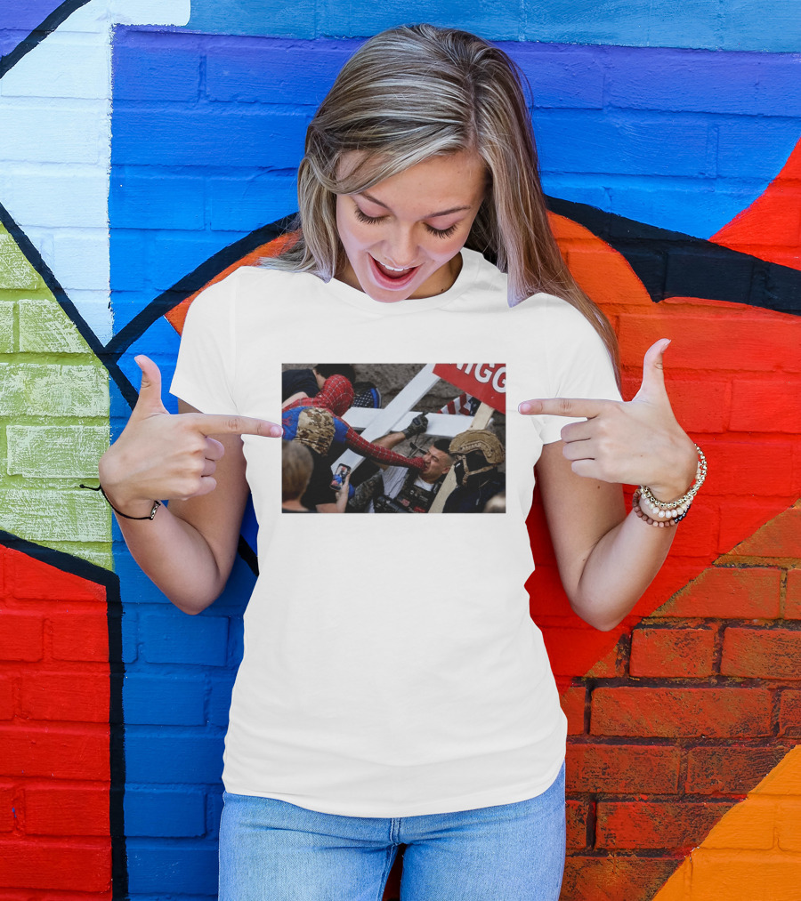 Spiderman Punch A Nazi Protest Scene With Cross And American Flag T-Shirt