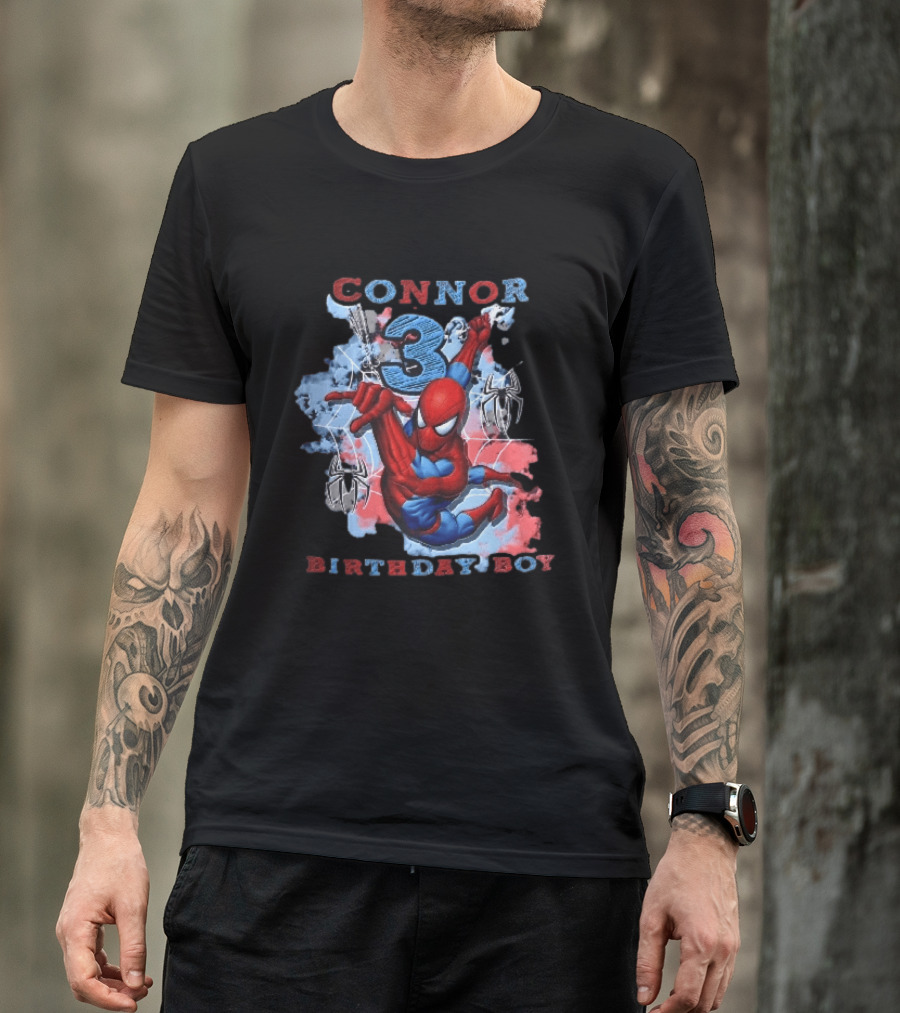 Connor 3 Birthday Boy Spider Man Web Slinging Cartoon T-Shirt