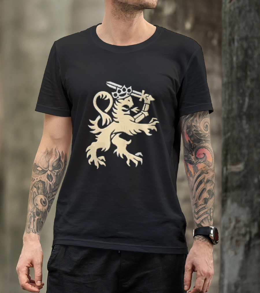 Heraldic Gold Rampant Lion With Crown Sword And Brass Knuckles T-Shirt