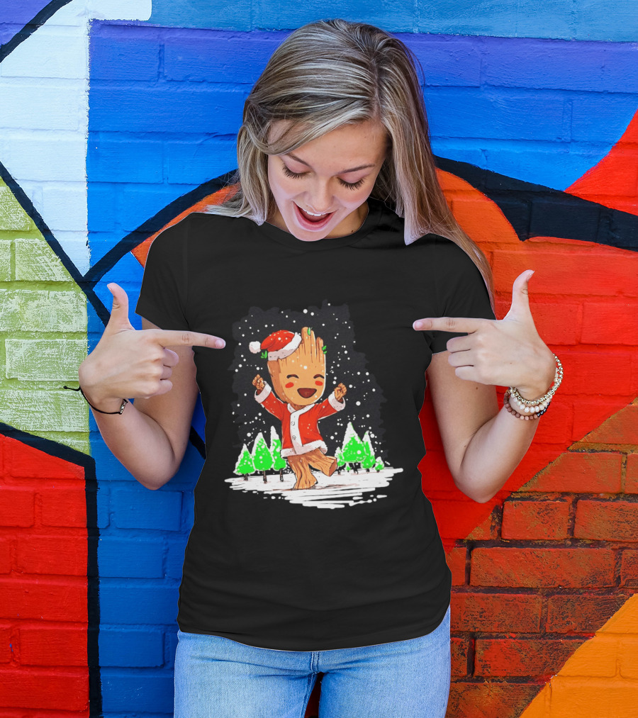 Dancing Santa Groot Christmas Trees Snow Scene T-Shirt