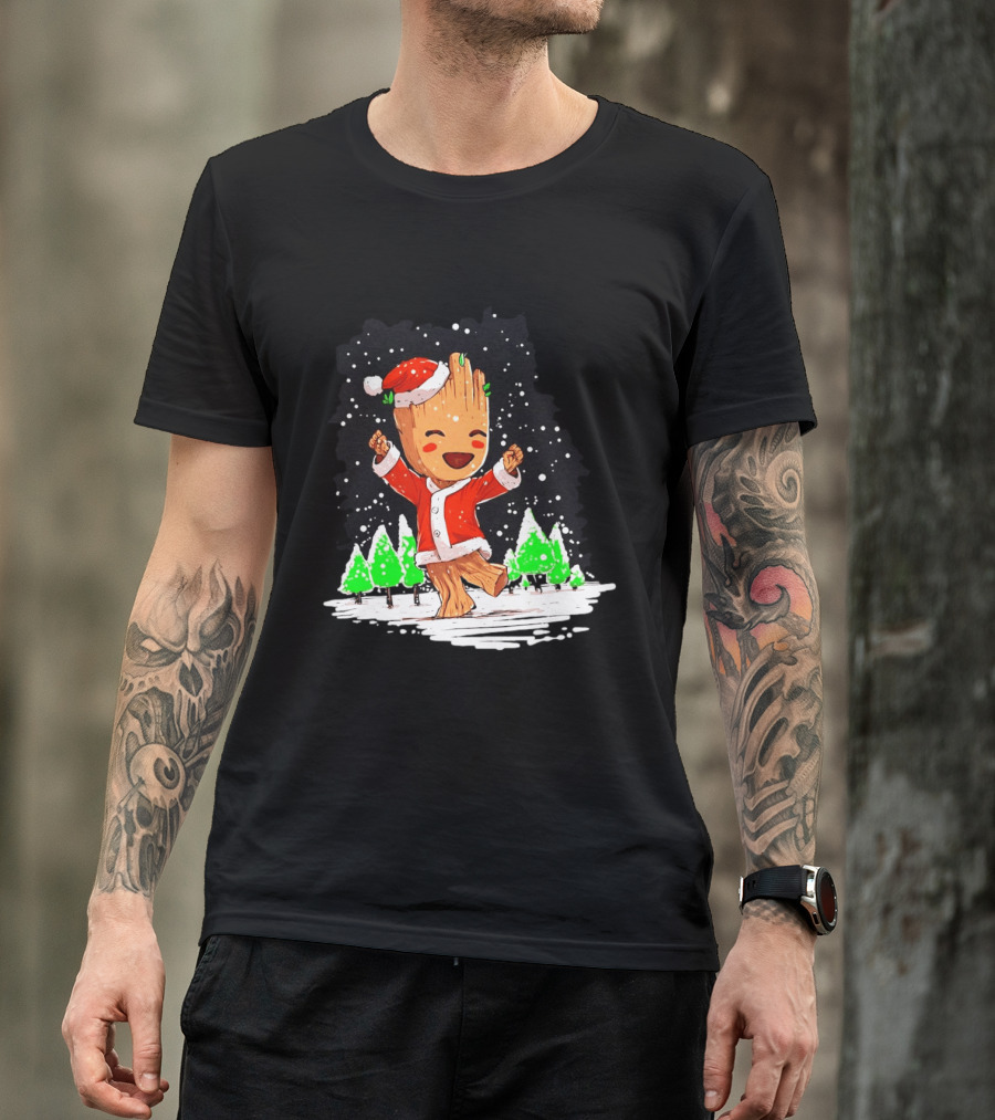 Dancing Santa Groot Christmas Trees Snow Scene T-Shirt