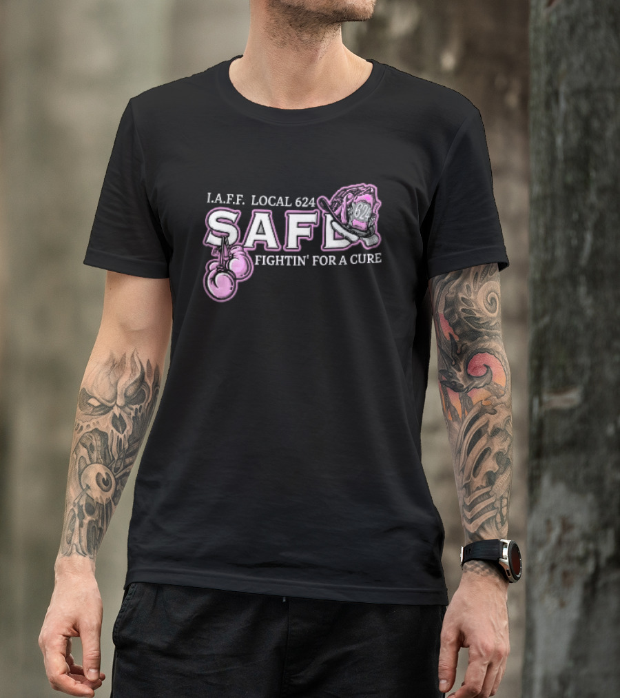 IAFF Local 624 SAFD Fightin' For A Cure Pink Boxing Gloves Firefighter Helmet T-Shirt