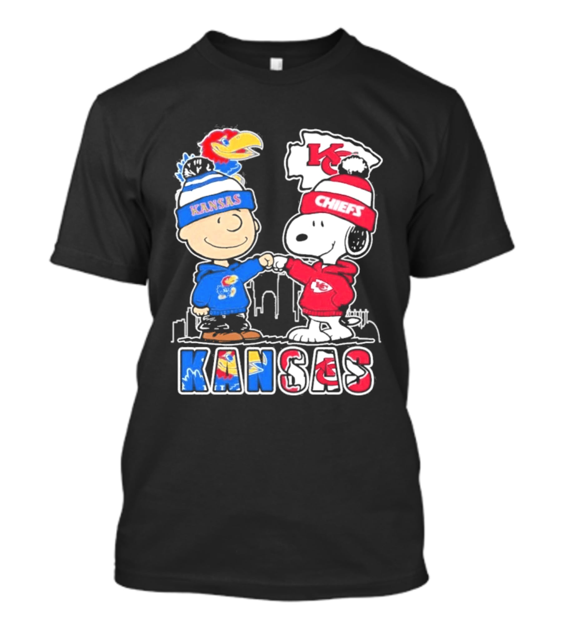 Kansas Jayhawks Kansas City Chiefs Peanuts Christmas 2025 Snoopy And Woodstock Fist Bump T-Shirt