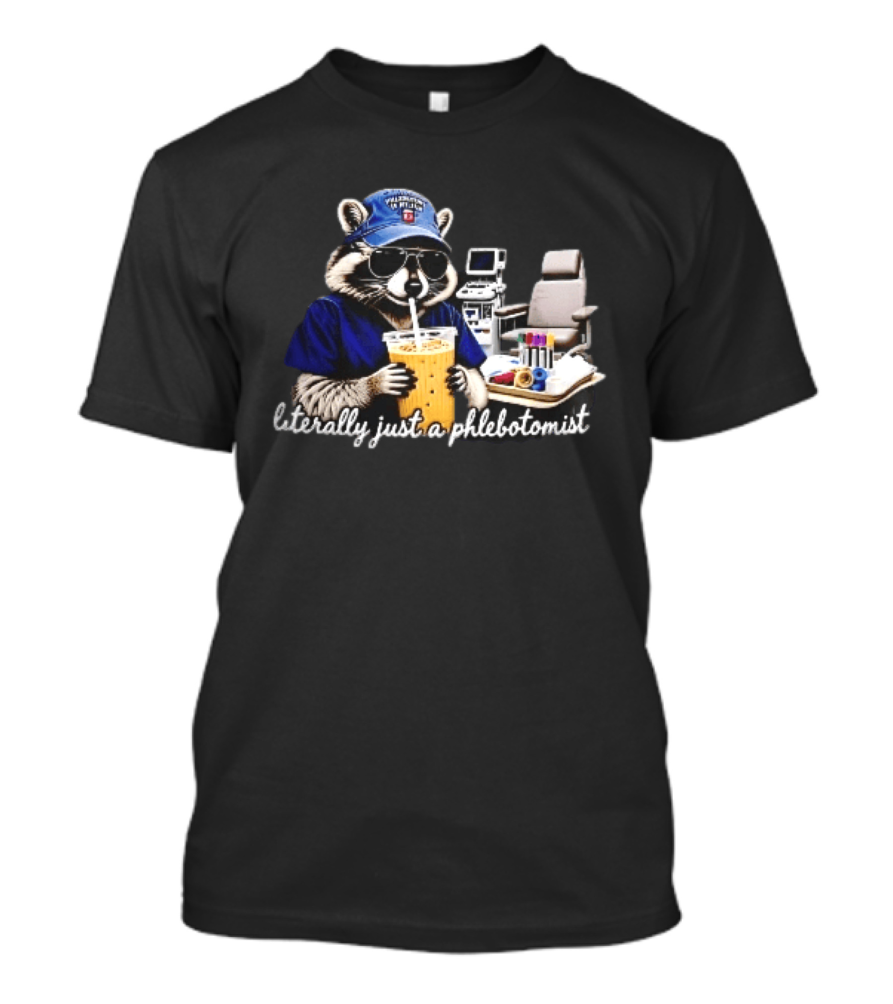Raccoon Phlebotomist In Scrubs Sipping Drink With Blood Collection Tubes T-Shirt