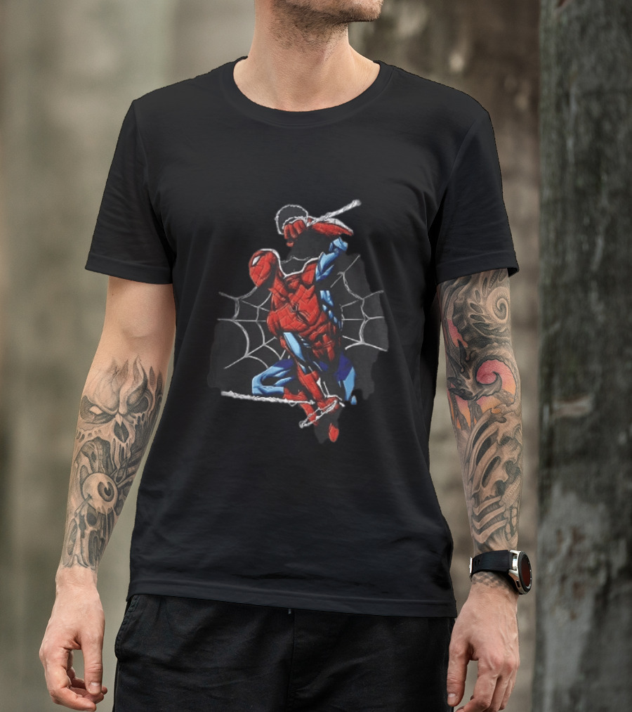 Spider Man Web Swinging Pose Comic Book Line Art Classic Marvel Superhero T-Shirt