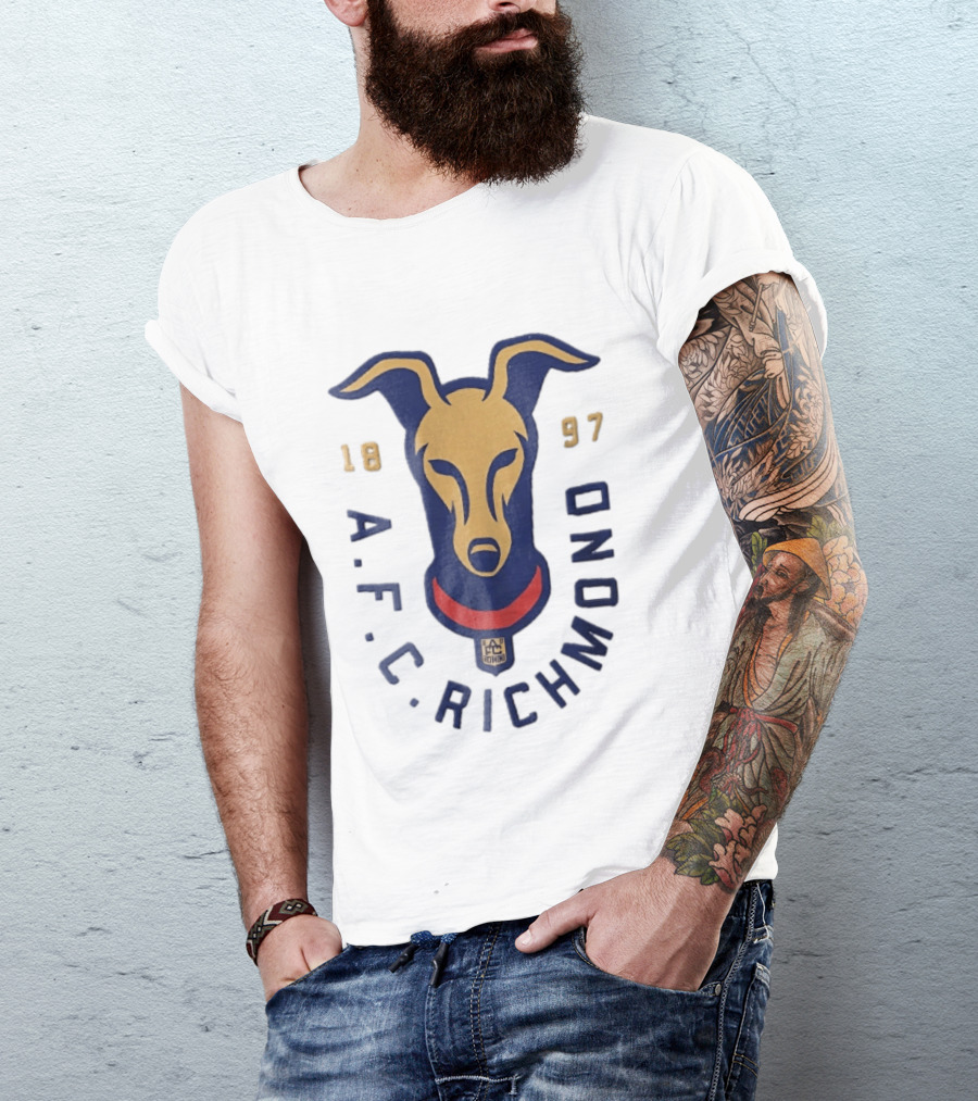 AFC Richmond 1897 Blue And Gold Greyhound Dog Head With Red Collar T-Shirt