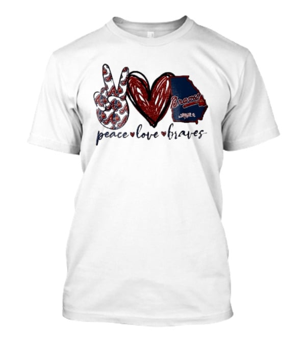 Peace Love Braves Hand Red Glitter Heart Georgia Map T-Shirt
