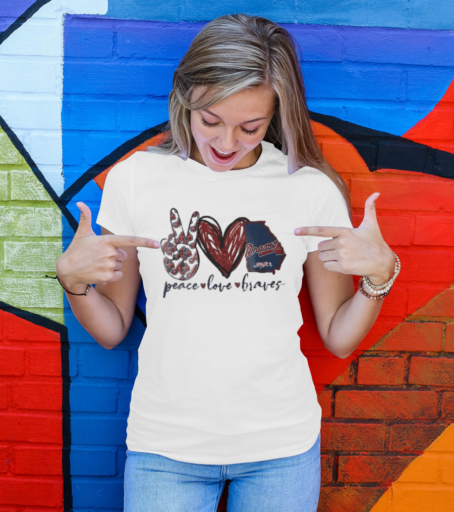 Peace Love Braves Hand Red Glitter Heart Georgia Map T-Shirt
