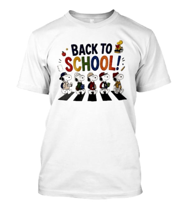 Back To School Snoopy Characters Walking Abbey Road With Woodstock Books T-Shirt