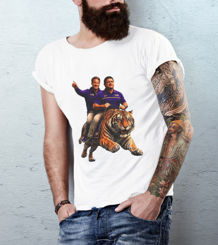 Bayou Brothers Tiger Riding LSU Coach Ed Orgeron Vs Kim Mulkey T-Shirt
