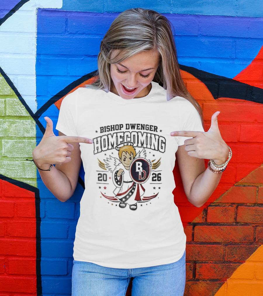 Bishop Dwenger Homecoming 2026 Cartoon Angel Holding Shield Stars 2023 T-Shirt