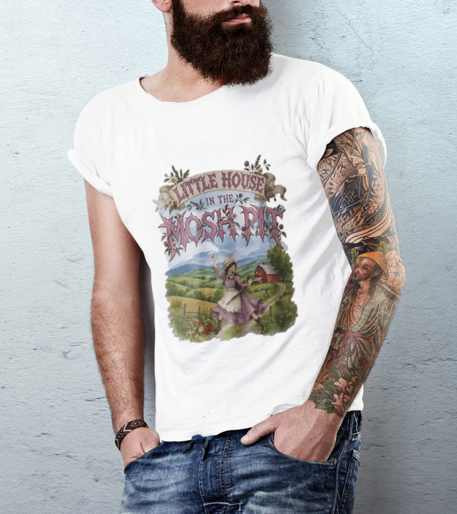 Little House In The Mosh Pit Pioneer Girl Screaming Pitchfork Red Barn Farm Country Scene T-Shirt