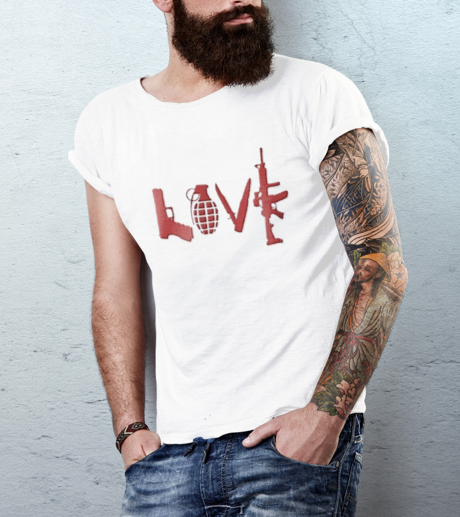 Love Red Pistol Grenade Knife Assault Rifle Weapons T-Shirt