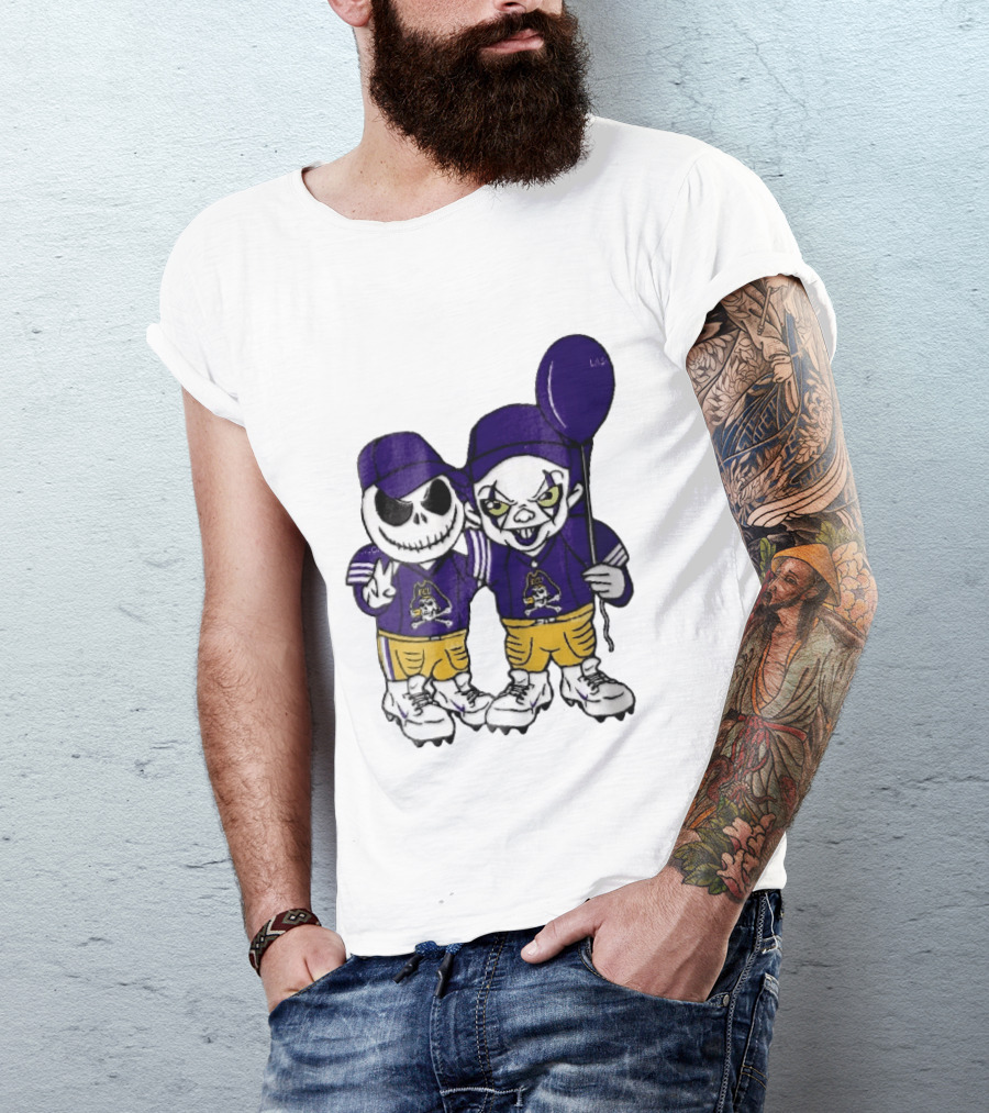 East Carolina Pirates NCAA Jack Skellington Pennywise Clown Purple Balloon T-Shirt