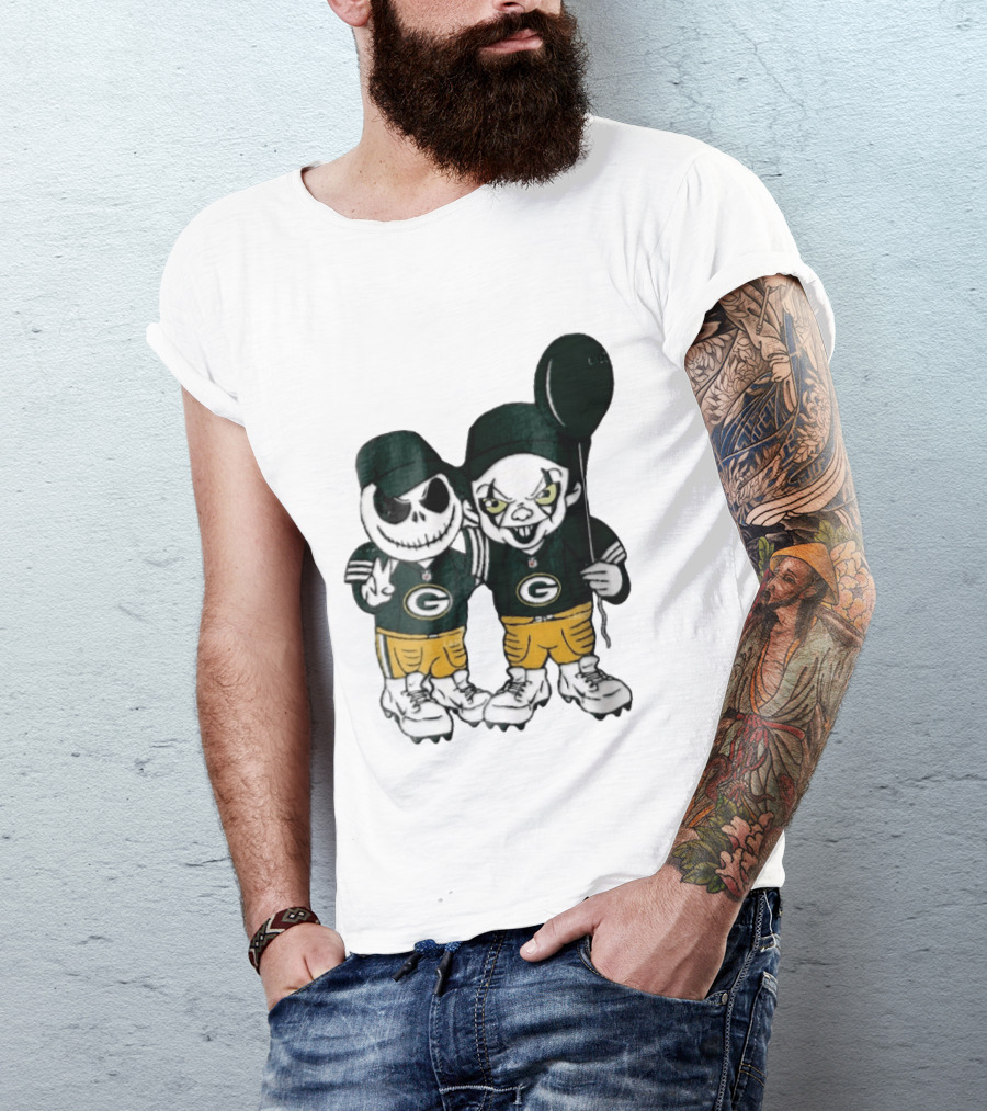 Green Bay Packers Jack Skellington Clown Balloon Cartoon Caricature Duo T-Shirt