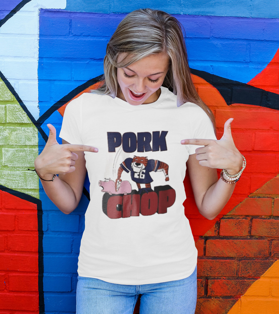 Pork Chop Cartoon Tiger 26 Football Player Hitting Pig T-Shirt