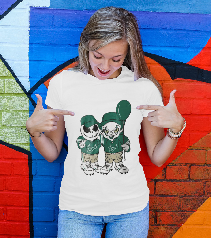 South Florida Bulls Skeleton And Evil Clown With Balloon NCAA Cartoon T-Shirt