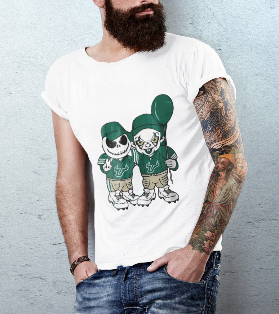 South Florida Bulls Skeleton And Evil Clown With Balloon NCAA Cartoon T-Shirt