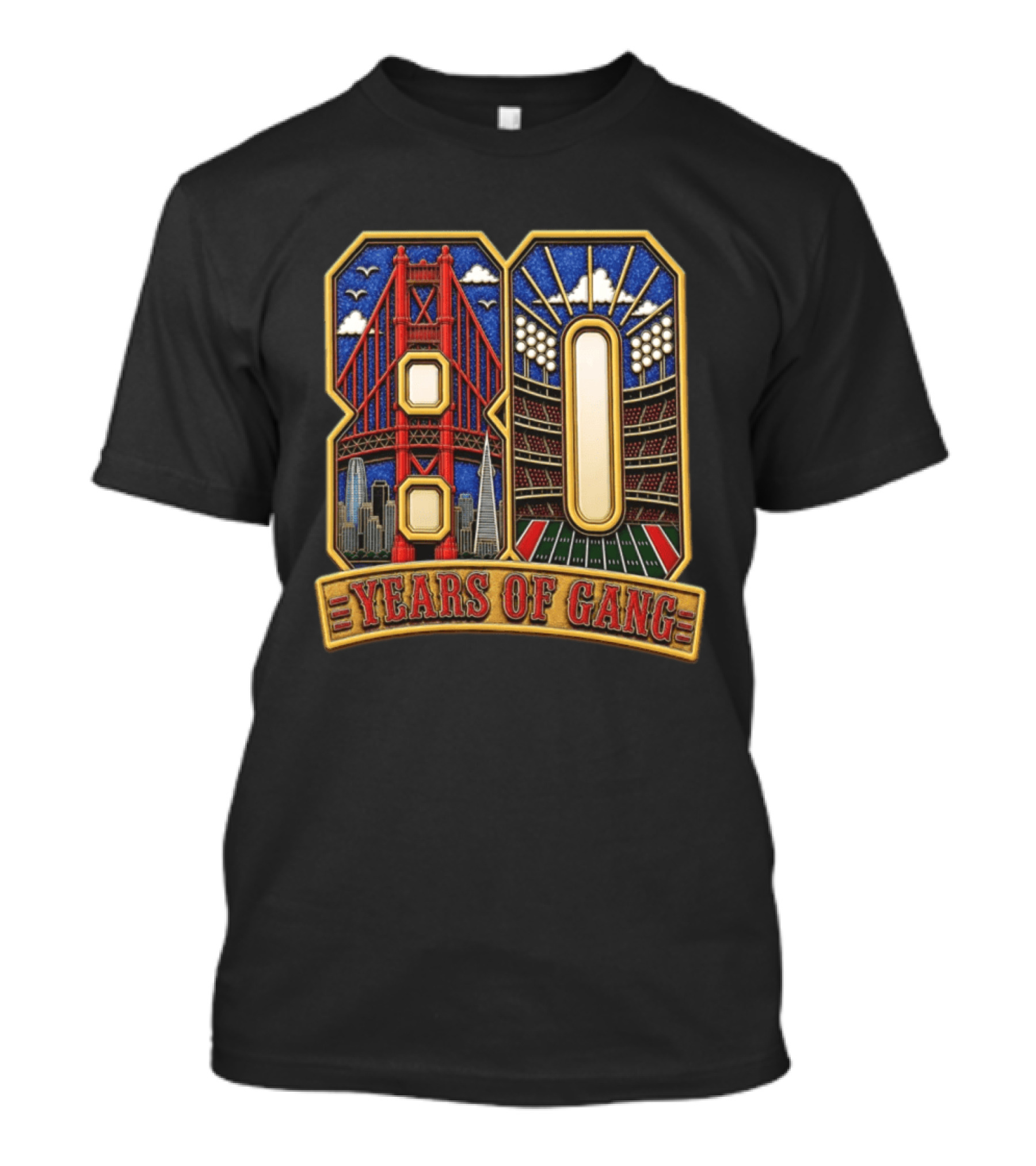 San Francisco 49ers 80 Years Of Gang Bridge And Stadium Celebration T-Shirt