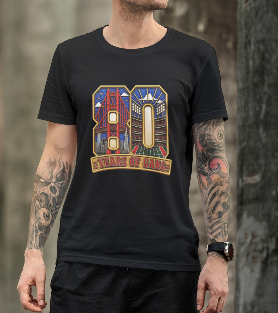 San Francisco 49ers 80 Years Of Gang Bridge And Stadium Celebration T-Shirt