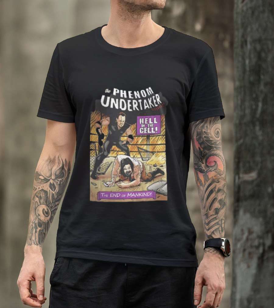 The Phenom Undertaker Hell In The Cell End Of Mankind Cartoon Wrestler Standing Over Opponent T-Shirt
