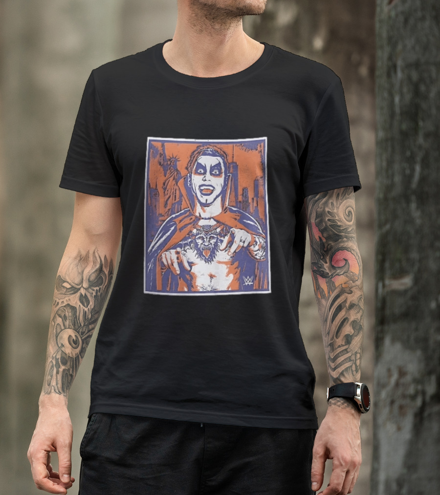 WWE Facepaint Wrestler At Liberty Statue Skyline With Demon Tattoo T-Shirt