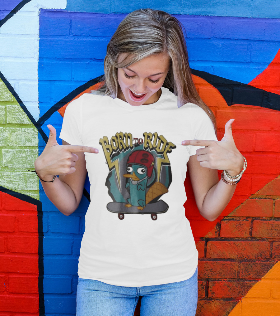 Born To Ride Cartoon Platypus Red Helmet Skateboard T-Shirt