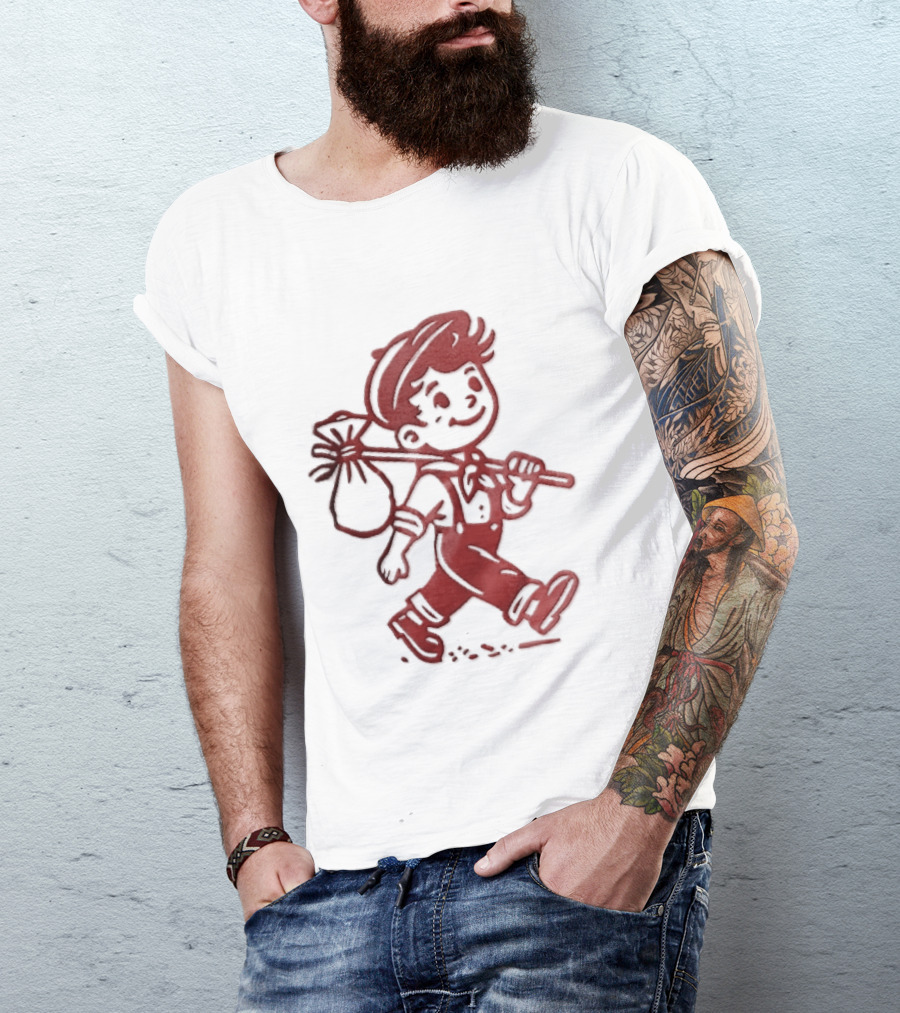 Red Line Cartoon Boy With Bindle Knapsack Stick Drawing T-Shirt