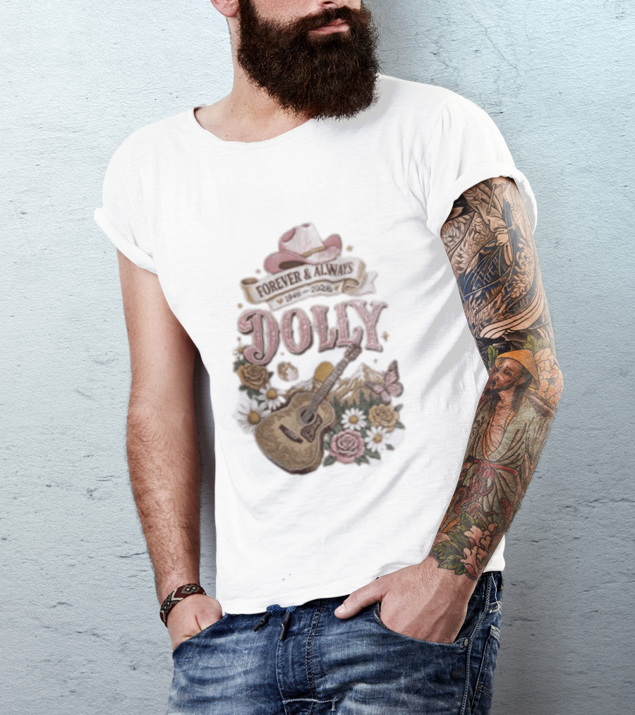 Forever & Always Dolly 1946 2026 Cowboy Hat Guitar Flowers Butterfly T-Shirt