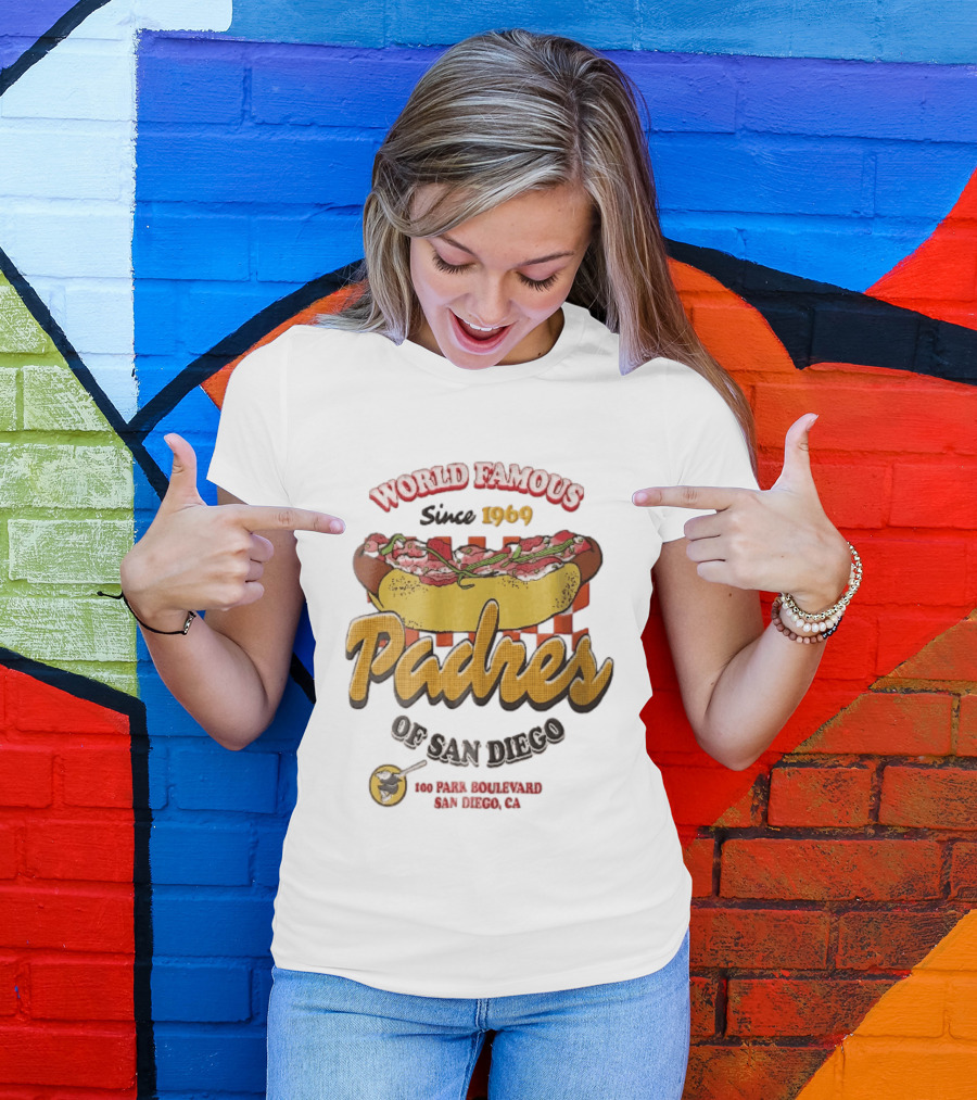 World Famous Padres Of San Diego Since 1969 Halftone Hot Dog 100 Park Boulevard CA T-Shirt
