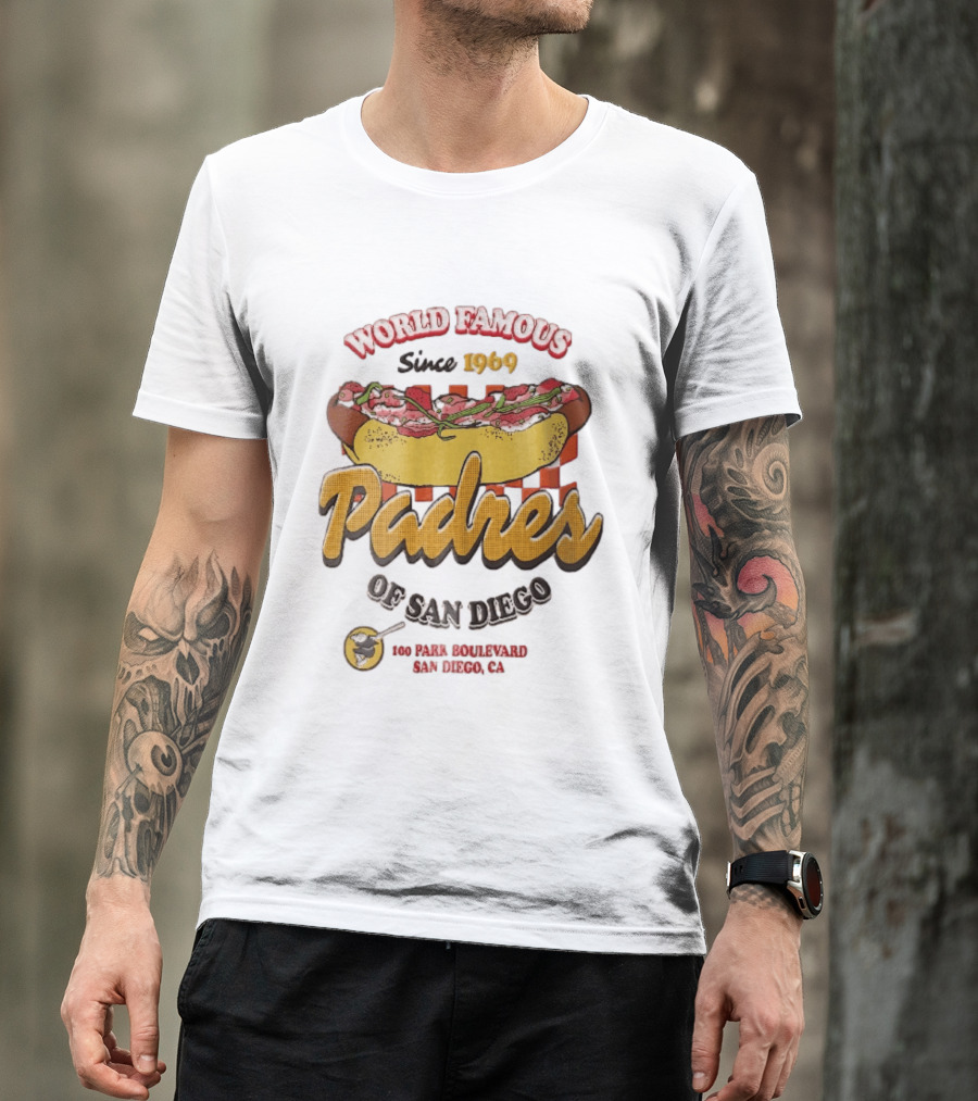 World Famous Padres Of San Diego Since 1969 Halftone Hot Dog 100 Park Boulevard CA T-Shirt