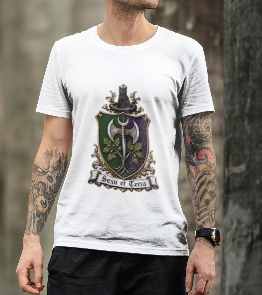 Sexu Et Terra Green Purple Shield Black Cat Axe And Tree Crest T-Shirt