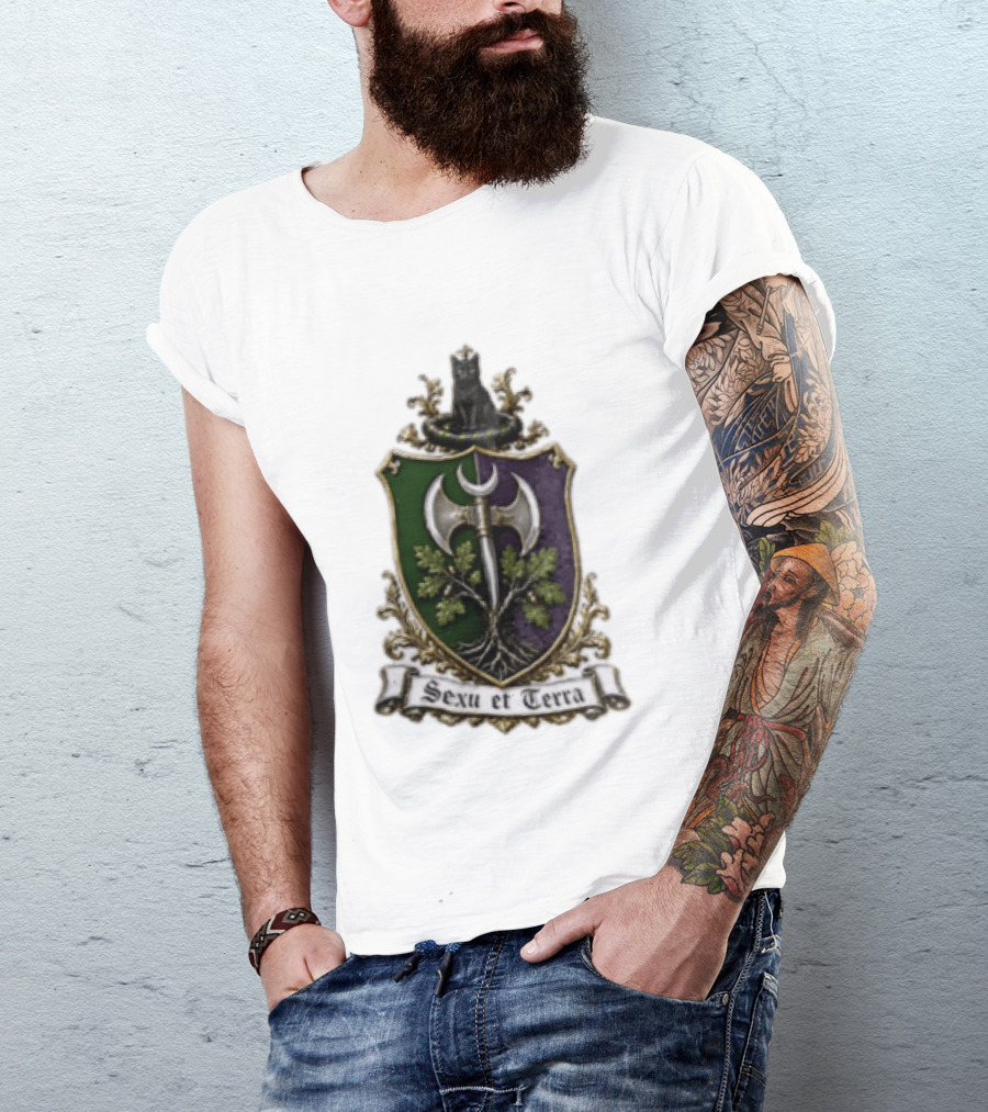 Sexu Et Terra Green Purple Shield Black Cat Axe And Tree Crest T-Shirt