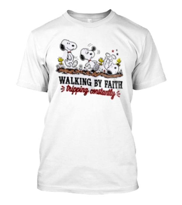 Snoopy Walking By Faith Tripping Constantly With Woodstock Friends T-Shirt
