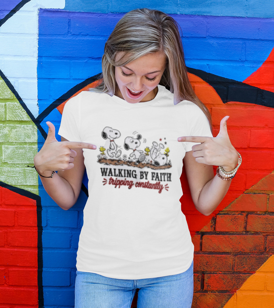 Snoopy Walking By Faith Tripping Constantly With Woodstock Friends T-Shirt
