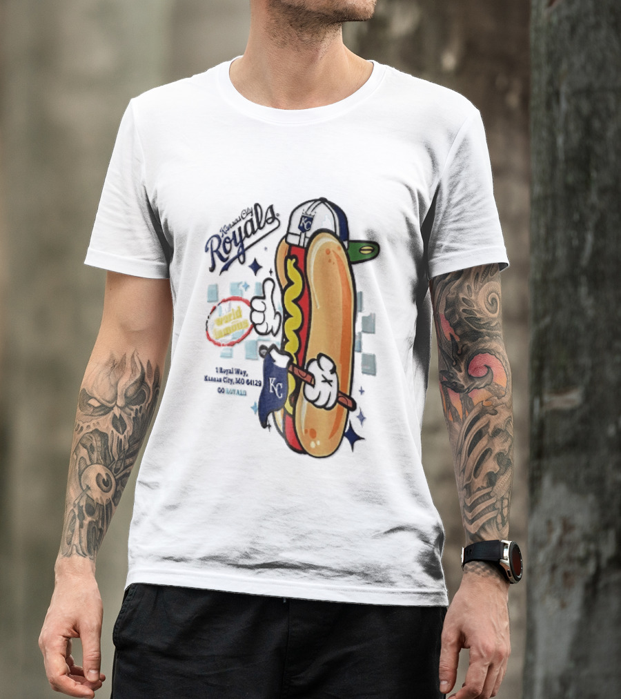 Kansas City Royals World Famous 1 Royal Way Mo 64129 Cartoon Hot Dog KC Cap T-Shirt
