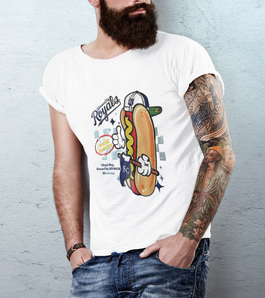 Kansas City Royals World Famous 1 Royal Way Mo 64129 Cartoon Hot Dog KC Cap T-Shirt