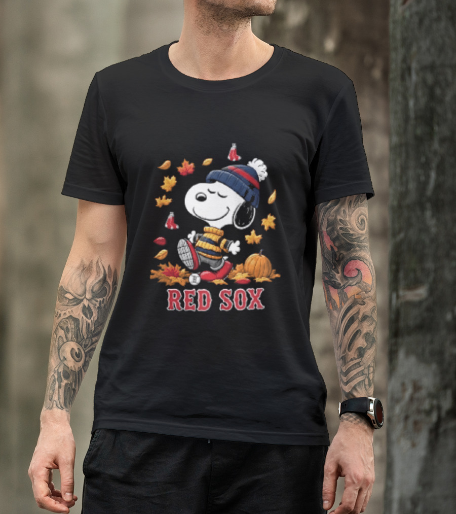 Boston Red Sox Snoopy Walking With Autumn Leaves And Pumpkin T-Shirt