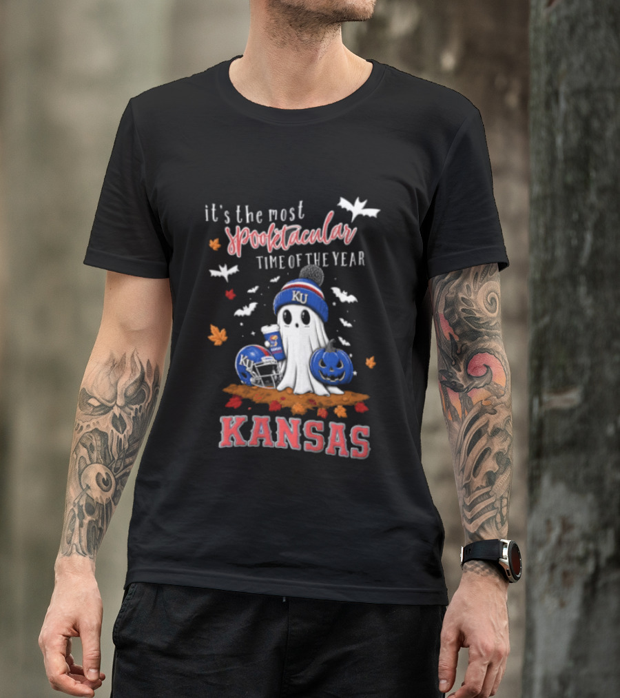 Kansas Jayhawks It's The Most Spooktacular Time Of Year Ghost Beanie Pumpkin T-Shirt