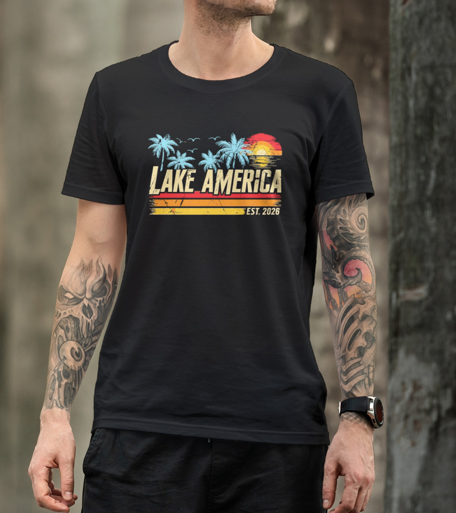 Lake America Est 2026 Tropical Vacation Sunset Palm Trees And Seagulls T-Shirt