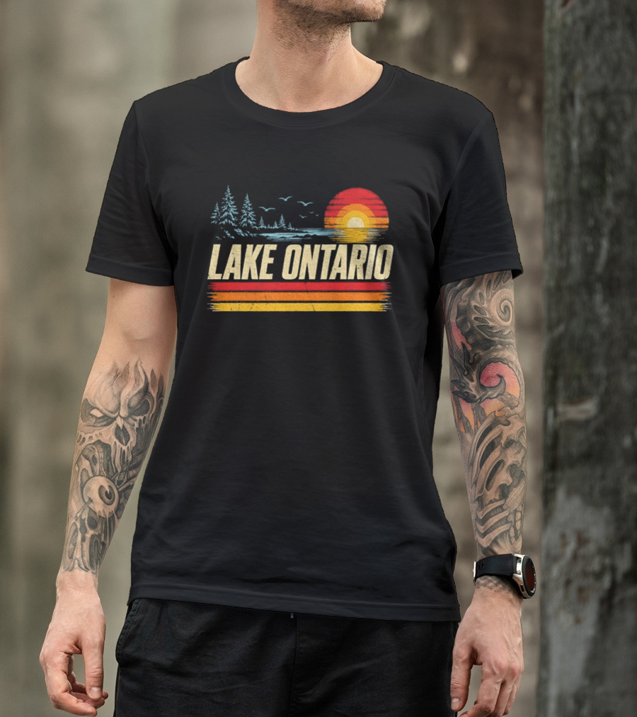 Lake Ontario Sunset Vintage Style With Pines And Birds T-Shirt