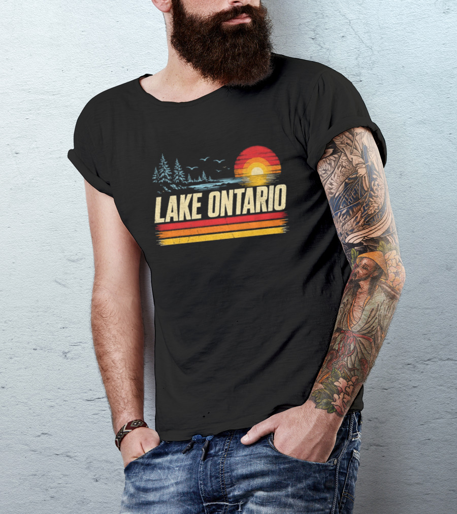 Lake Ontario Sunset Vintage Style With Pines And Birds T-Shirt