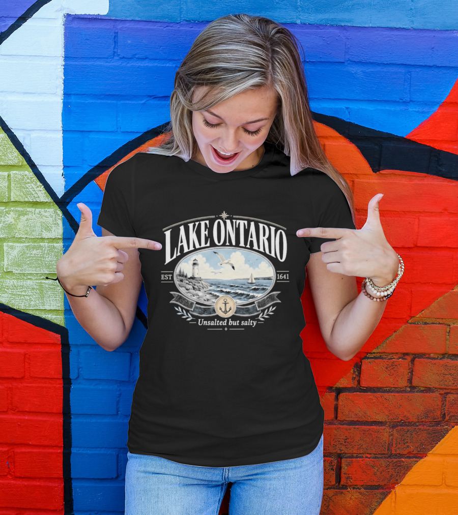 Lake Ontario Unsalted But Salty EST 1641 Seagull Lighthouse Sailboat Scene T-Shirt