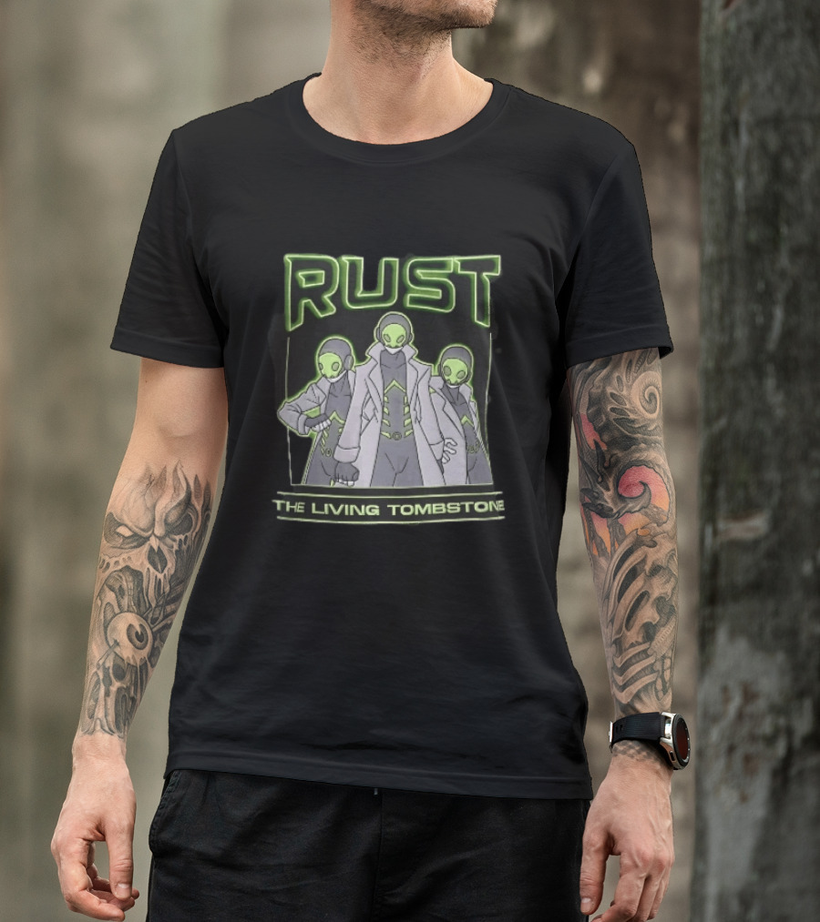 RUST The Living Tombstone Three Masked Figures Glowing Neon Trench Coats T-Shirt