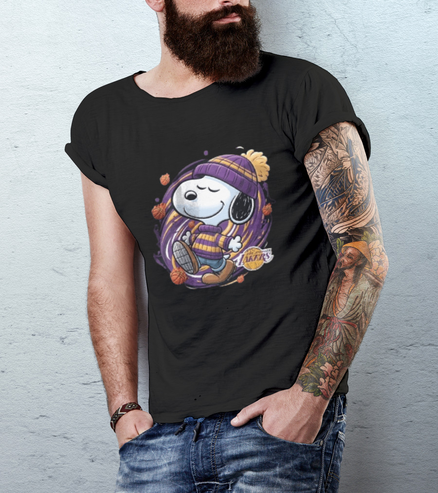 Los Angeles Lakers NBA Snoopy Cartoon Beanie Swirl Flaming Basketballs T-Shirt